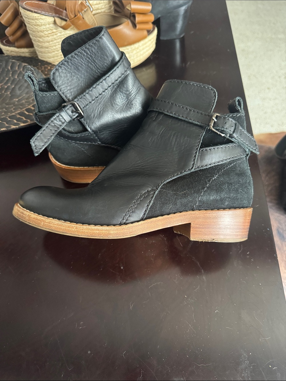 ACME Black Leather & Suede Ankle Boots with Buckle Strap